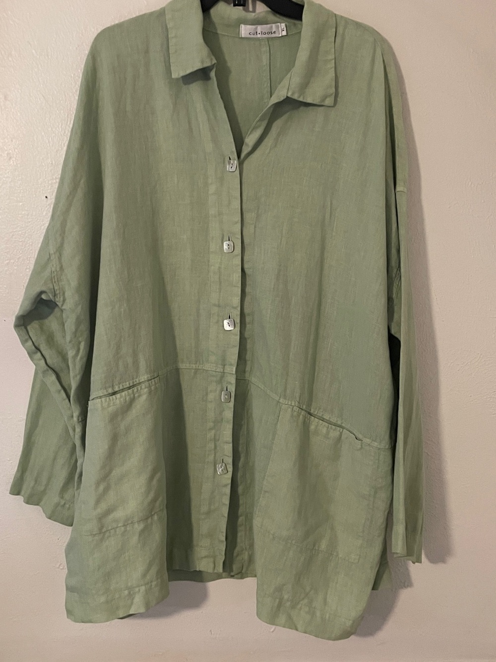 Cut Loose sage green 100% linen oversized shirt jacket patch pockets XL - Picture 10 of 10